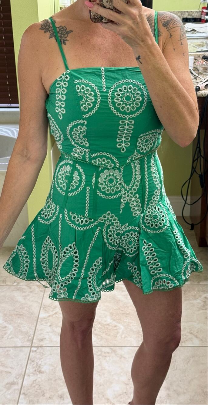 Chicways Green Eyelet Embroidered Two Piece Set Small Crop Top Skort NEW